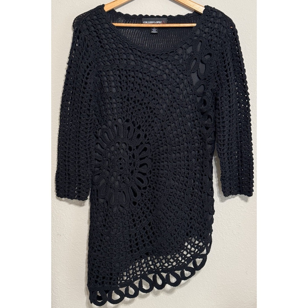 Colleen Lopez Women's Black Sweater‎ Crochet *Fits XS (mis-sized) A-Symmetrical